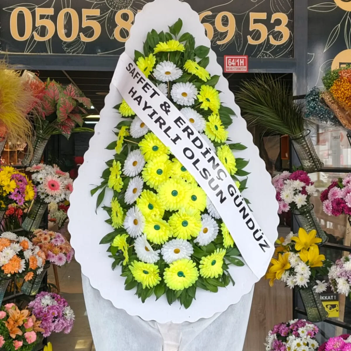 Sarı Beyaz Gerbera Canlı Açılış Çelengi